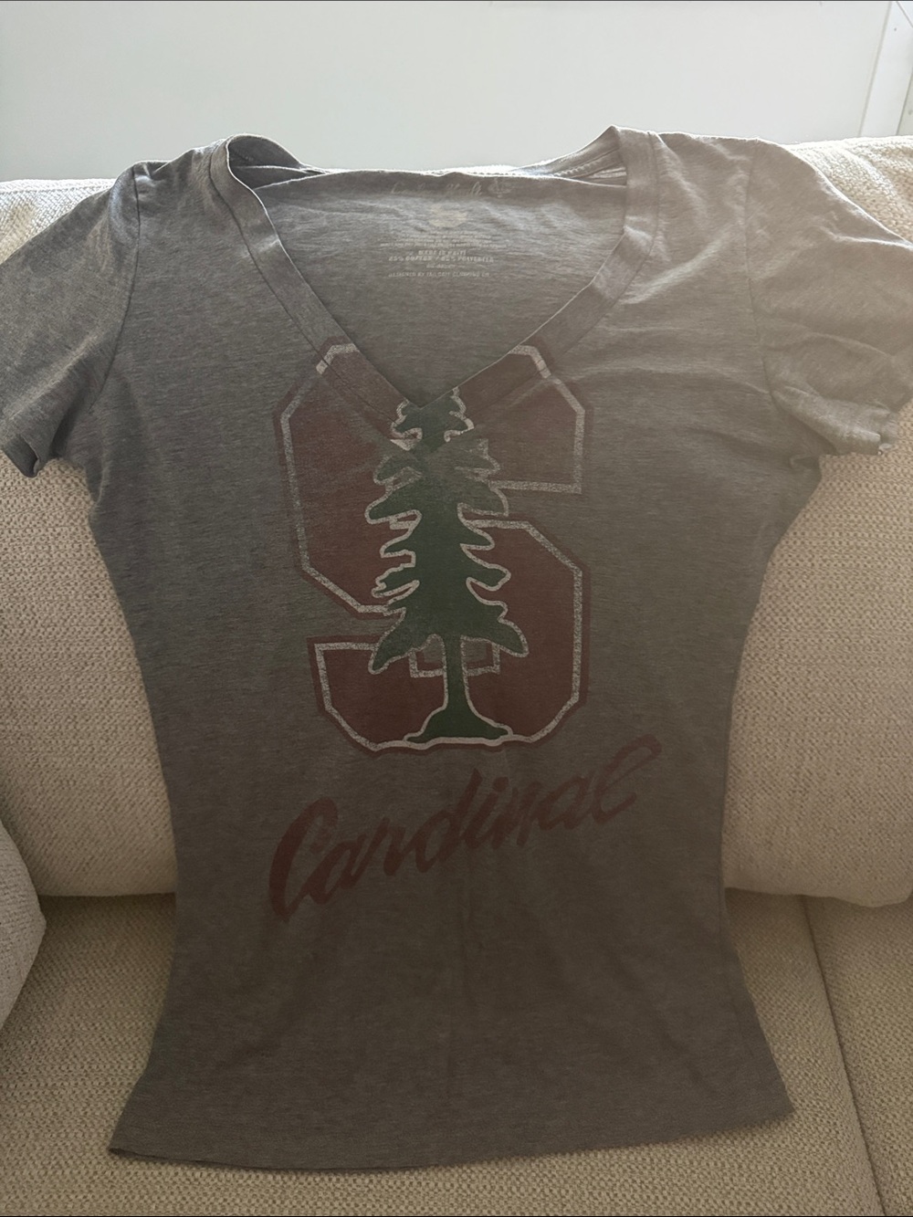Stanford Gray V-Neck Cardinal Graphic Tee with Green Tree